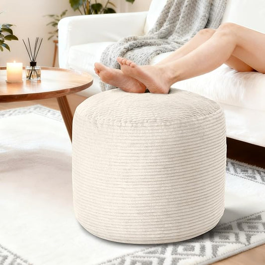 20" x 20" x 15" Pouf Ottoman Foot Rest, Pre-Stuffed Round Foot Stool with Odorless Shredded Memory Foam, Furry & Fluffy Corduroy Footrest for Living Room, Beige