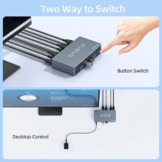 4K@120Hz Kvm Switch 2 Monitors 2 Computers 8K@60Hz DP Displayport Dual Monitor KVM Switches, 4 USB3.0 Ports for 2 PC Share Mouse Keyboard and 2 Screens Support PoC EDID Button Switch Plug and Play