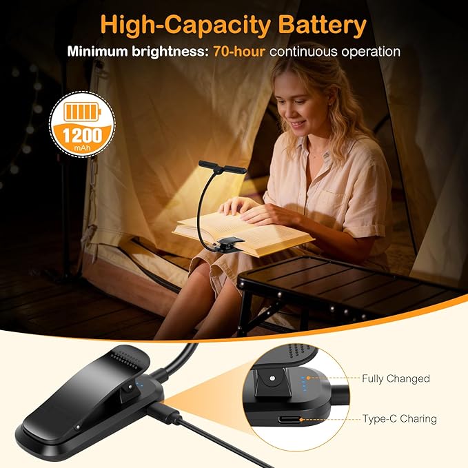 18 LED Rechargeable Book Light for Reading in Bed - Eye Caring 3 Color Temperatures & Stepless Dimming & Memory Function, 180° Foldable Panels, Clip On Book Reading Light for Book Lovers