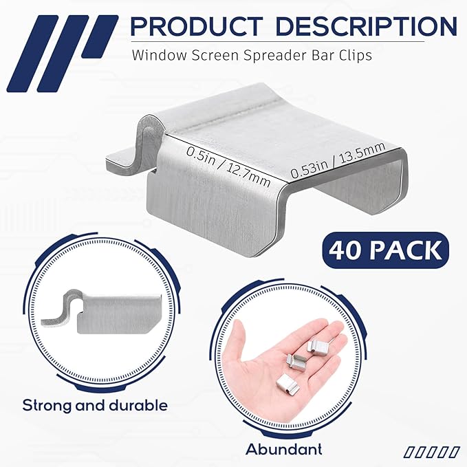 Yaocom 40 Pack Window Screen Spreader Bar Clips, Screen Retainer Clips for 5/16" Screen Frame Bar, 5/16" x 9/16" Spreader Bar, Screen Clips for Patio and Garage Window Screen