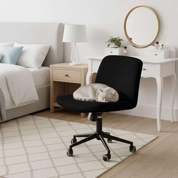 NICEEC Criss Cross Chair Cover Armless Office Dorm Desk Chair Covers Vanity Chair Covers Computer Mid Back Wide Seat Chair Without Arms Protector Spandex Stretch Slipcover Black(No Chair Only Cover)