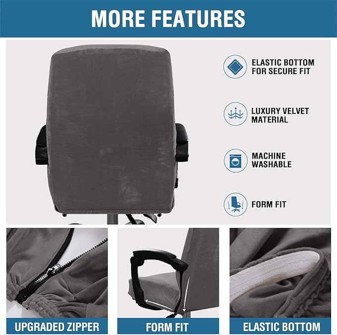 H.VERSAILTEX Velvet Home Office Chair Covers Stretchable Computer Desk Chair Covers Mid - High Back Universal Executive Boss Gaming Chair Covers Removable Machine Washable, Grey