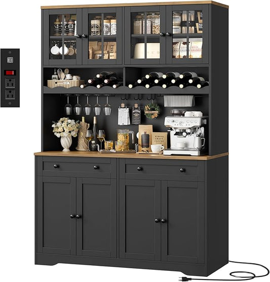 HOSTACK 75.4" Tall Kitchen Pantry Cabinet with Charging Station, Modern White Kitchen Hutch with Microwave Stand and Wine Rack, Large Food Pantry Storage Cabinet with Glass Doors and Drawers, Black