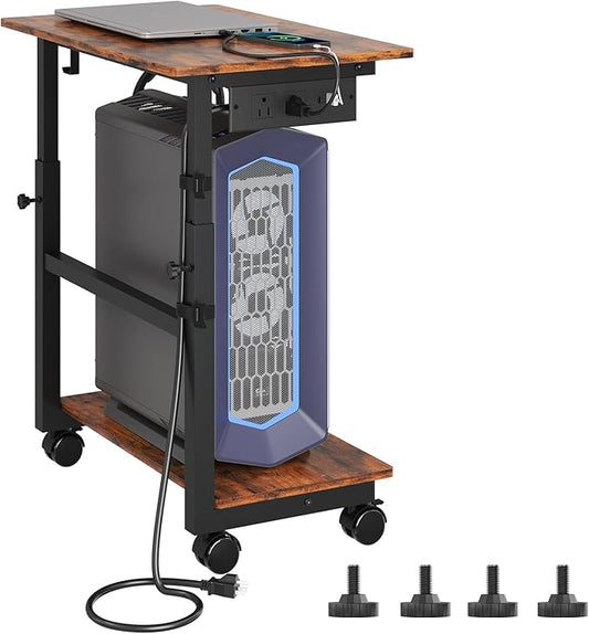 HavenlyYouth 2-Tier Computer Tower Stand with Power Outlet, Height Adjustable PC Tower Stand with Wheels, ATX-Case CPU Holder Cart with Hooks for Home, Office, Gaming (Brown)