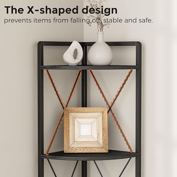 5 Tier Corner Shelf Stand, 64" H Tall Industrial Corner Bookshelf for Living Room Decor, Metal Corner Shelf, Plant Stand Display Shelf for Bedroom, Bathroom, Small Space, Black