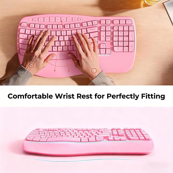 MEETION Wireless Ergonomic Keyboard, Wave Keys Wrist Rest for Natural Typing, 2.4G USB-A Cordless Receiver and USB-C Adapter, Ergo Computer Keyboard Compatible with Windows/Mac/PC/Laptop, Pink