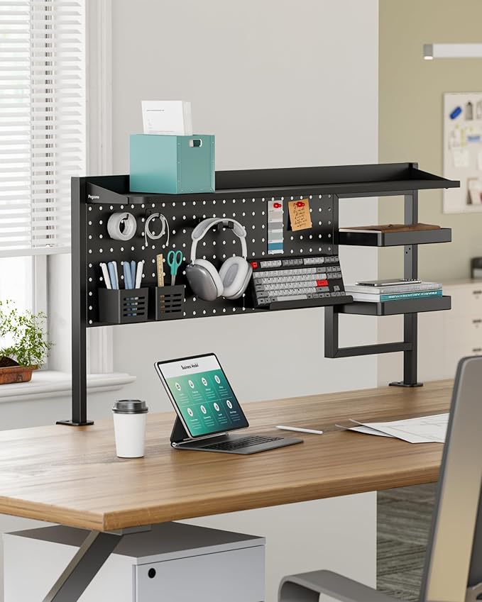 PEGZONE Clamp on Desk Shelf, 44" Desktop Shelving System with Pegboard and Accessories, Desktop Organizer with 2-Tier Shelf, Desk Pegboard for Office Home Gaming, Black