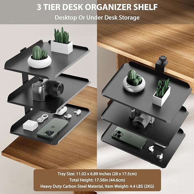 3 Tier Clamp On Desk Shelf with Adjustable Metal Storage Tray & Headphone Stand Above or Under Desk Storage Heavy Duty Shelving Unit No Drilling Desktop Shelves Fits Desks up to 2.5in Thick