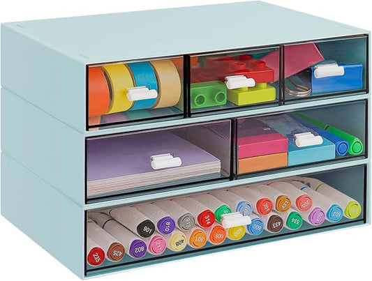 3 Tier Stackable Desk Organizer with 6 Drawers, YOCOMEY Plastic Desktop Storage Box Drawers, Detachable Makeup Storage Office Stationery Supplies Organizer for Office School(New Green)