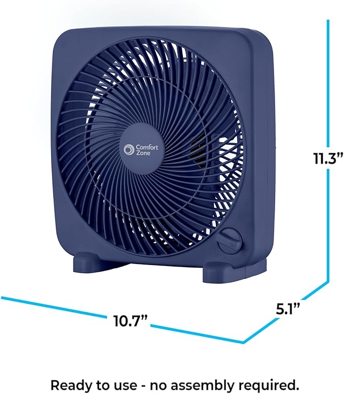 Comfort Zone 9-inch Portable Box Fan – Compact Desktop Cooling Fan with 3-Speeds, Quiet Operation, Built-in Carry Handle & Safety Grill – ETL Listed for Home, Office, or Dorm – Blue