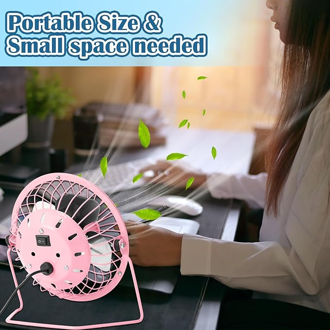 Glooglitter 4 Pcs 4" USB Small Fan Powerful Quiet 360° Adjustable Rotation Personal Metal Mini Desk Fan Summer Electric Ideal for Home Office Bedroom Desk Airflow Cooling, USB Powered Only(Cute Color)