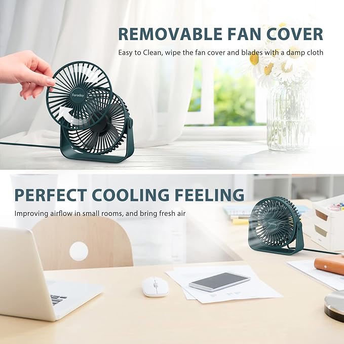 FARADAY USB Desk Fans 5 Inches Portable Table Fans 360° Head Rotation Small Personal Desktop Fan for Home Office, 3 Speeds, Deep Green