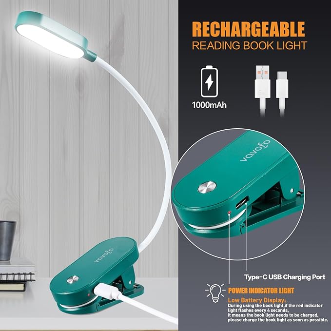VAVOFO Rechargeable Book Light, 14 LEDs Eye Care Clip On Amber Reading Light for Bookworms Reading in Bed with 9 Colors 9 Brightness (Dark Green)