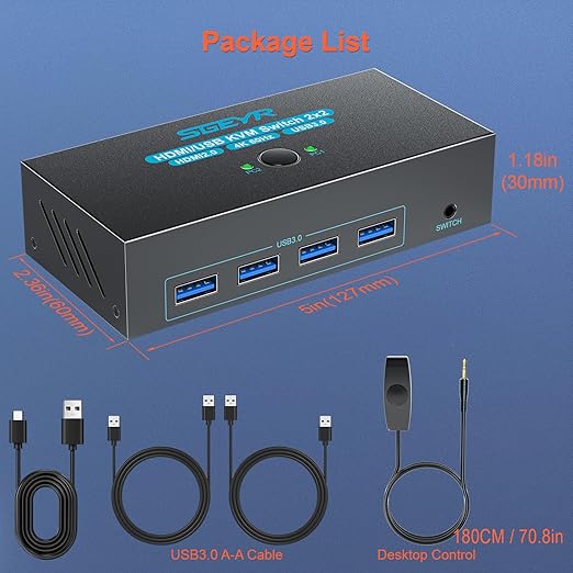 SGEYR HDMI KVM Switch Dual Monitors, 4K@60Hz KVM Switch 2 Monitors 2 Computers with 4 USB 3.0 Ports Share 2 Monitors and USB Devices, Support Wired Remote and Button Switch, Sharing Keyboard& Mouse