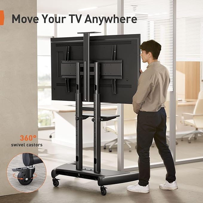 Perlegear Rolling TV Stand, Mobile TV Cart on Wheels for 55-90 Inch TVs up to 200 lbs, Adjustable TV Stand with AV & Camera Shelf, Outdoor TV Cart Max VESA 800x500mm, PGTVMC07