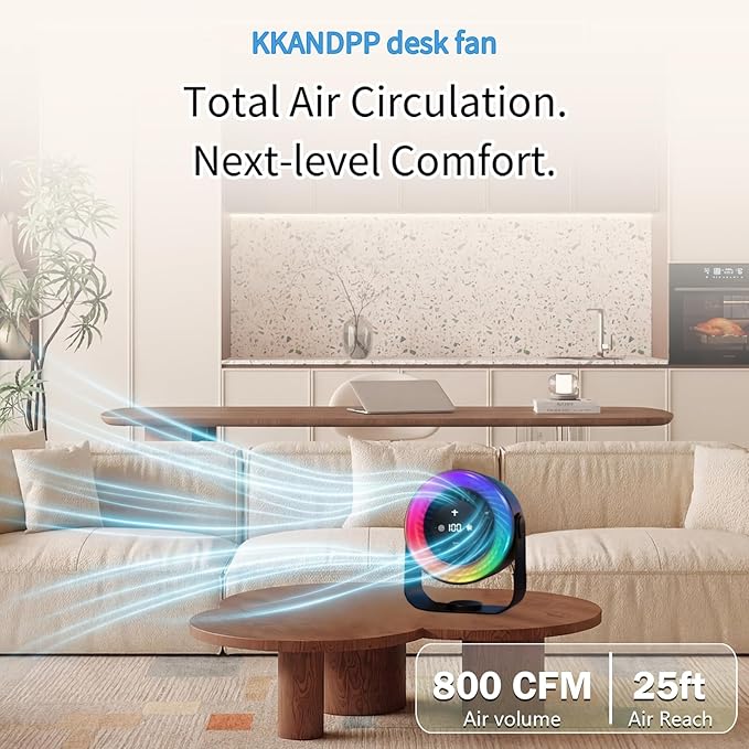 Desk Fans for Bedroom,Portable Colored LED Light 100 Speed Digital Display USB Rechargeable Table Fan,Quiet Wall-Mounted Desk Fan for Home Office Bedroom Camping Traveling(Black)