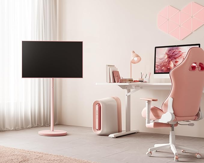 FITUEYES Design Small Rolling TV Cart for 24-48 Inches Television, Minimalist Modern TV Floor Stand on Wheels Fits Max VESA 200x200mm, V2 Portable Smart Television Stands, Pink, Master Series