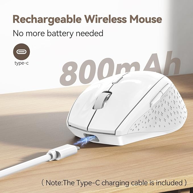 TECKNET Rechargeable Mouse with Jiggler, Plug & Play, 2.4G Connection with USB-C Adapter, Silent Mouse Quiet Click, 6400 DPI Ergonomic Mouse, Cordless Computer Mice for Laptop, Desktop, PC