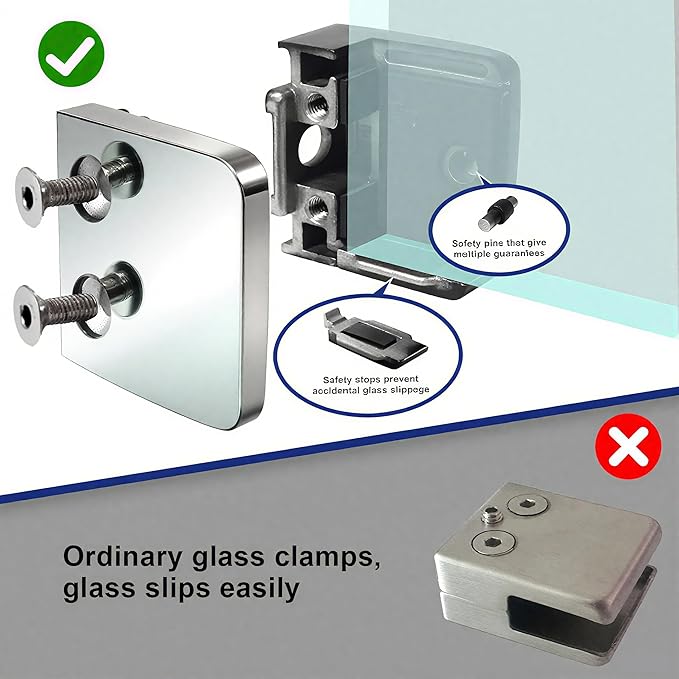 Glass Clamp - 4PCS Bracket for 1/3"-1/2" Tempered Glass, Stainless Steel 304 Flat Back Square Clip for Balustrade, Staircase, Handrail, Holder Metal Casting Mirror(LIUCHONGYANG99)