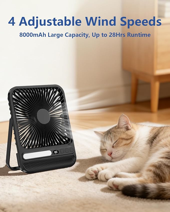 7in 8000mAh 28hrs Portable Fan with Timer & LED Lights,4 Adjustable Speeds, Digital Display-Ultra-Thin Travel Fan for Office, Cruise, Camping & Travel