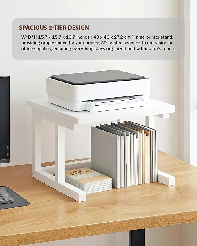 Desktop Printer Stand, 15.7″x 15.7″ 2-Tier Large Printer Shelf fit 3D Laser Printer/Scanner/Fax Machine, Industrial Storage Rack for Home Office Storage, White P4040-W