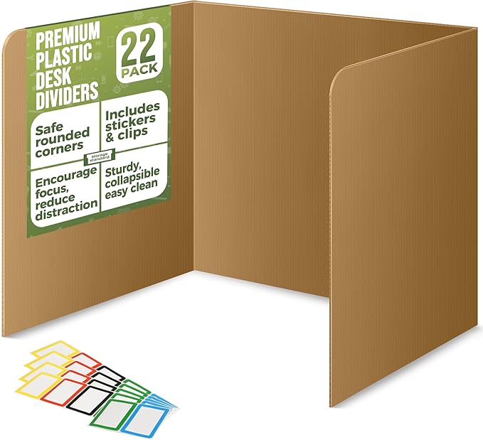 22-Pack Desk Dividers for Students - Durable & Waterproof Plastic Study Carrel Divider, Classroom Folders Teacher Supplies, Easy Clean Plastic Privacy Shield Folder Boards for Student Desks, Brown