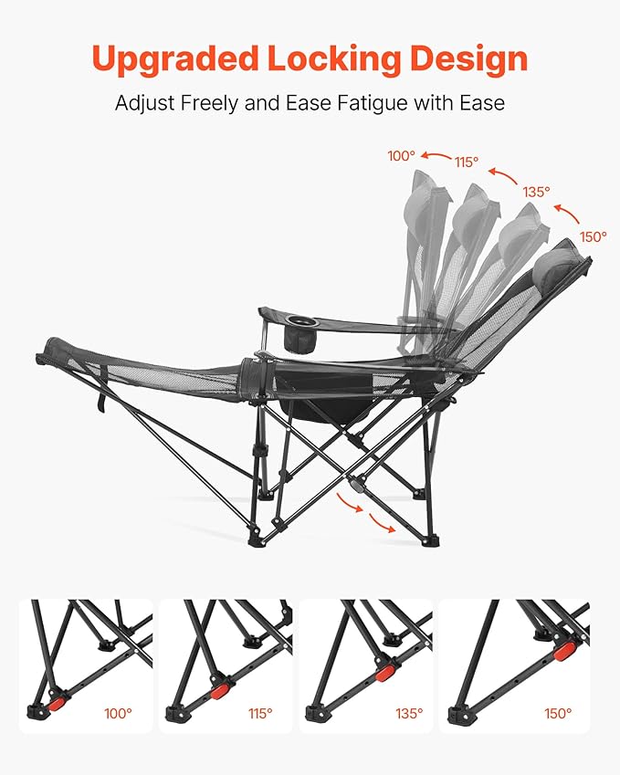 VEVOR 2-in-1 Reclining Camping Chair with Footrest for Adults, 4 Adjustable Positions, Portable Folding Lounger, Lightweight Mesh Beach Chair Supports 220lbs, Heavy Duty Camp Chairs Outdoor, Gray