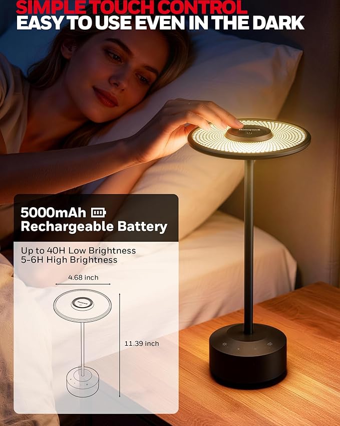 Honeywell Bedside Table Lamp, Rechargeable Nightstand Lamp with 5000mAh Battery, Cordless Battery Operated LED Touch Dimmable Light, RGB Mood Glow, 2000K-5700K, Small Accent Lamp for Bedroom