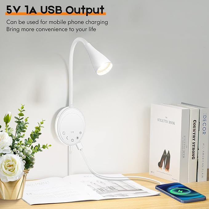 SANKEDOU LED Wall Mount Reading Light, Bedside Reading Lights with Touch Control, 5 Dimmable, USB Output, Night Light & Timers, Flexible Gooseneck Headboard Bed Lights wall Sconce (White-2P)
