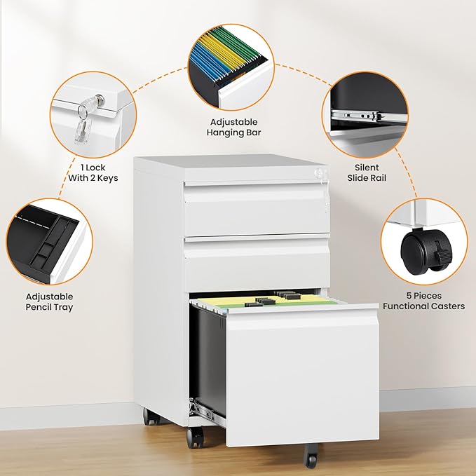 3 Drawer Mobile File Cabinet with Lock, Rolling File Cabinets for Home Office, Under Desk Small File Caninet on wheels, Metal Vertical White Filing Cabnet for Legal/Letter/A4 - Assembly Required