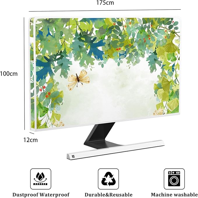 Watercolor Forest Waterproof Screen TV Dust Cover 75 Inch Spring Summer Botanical Butterfly Dust-Proof Television Covers Anti-Static Anti-Scratch Protective Cover for Desktop TVs