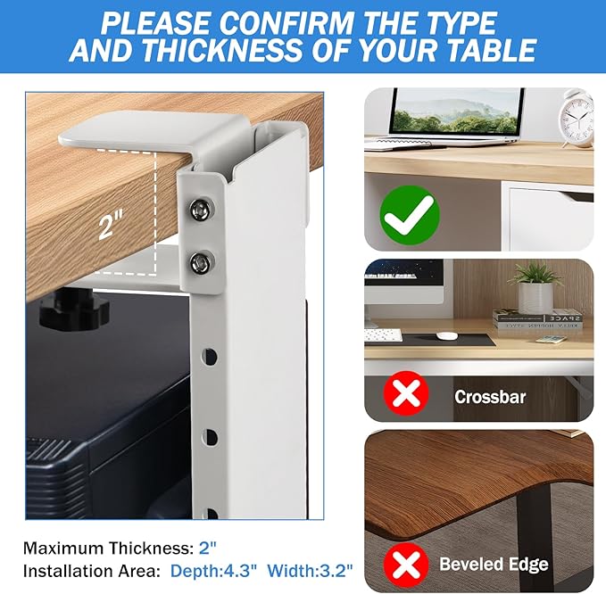 Adjustable Clamp Mount On Desk for PC Tower - No Drilling, Height Adjustable from 13.2" to 21.6", Width Adjustable from 5.5" to 9.8", Heavy Duty Under Desk Computer Case CPU Holder, White