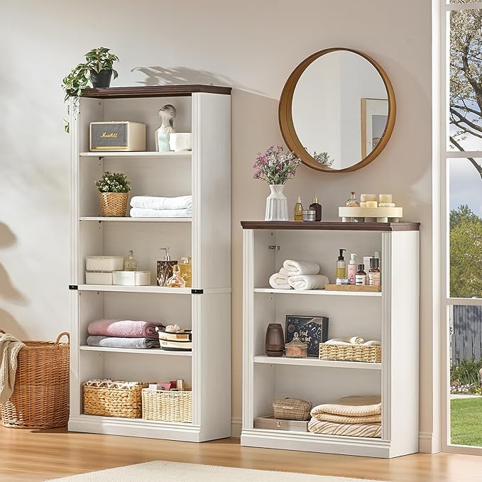 RWYHG 43" White Tall Bookshelf Set of 2,3-Tier Thick Wooden Book Shelf with Adjustable Shelves,Free Standing Farmhouse Bookcase with Open Display Storage,Floor Vintage Bookshelves for Living Room