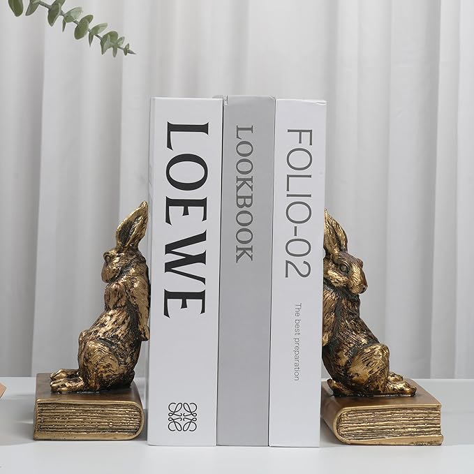 Book Ends for Shelves to Hold Books Hevay Duty,Decorative Bookends for Bookshelf Décor,Cute Animal Rabbit Book Stopper Easter Bunny Statues for Home, Office Desk, Living Room Decoration,1 Pair (Gold)