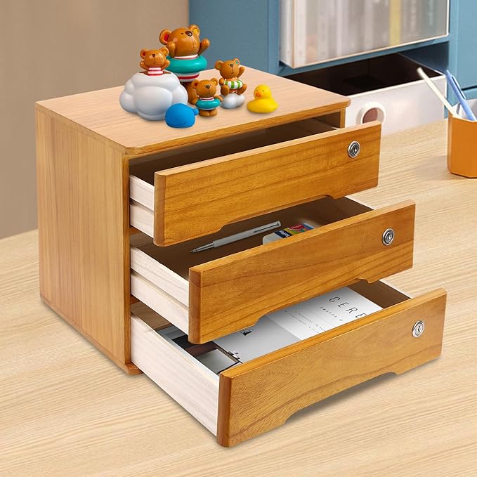 Wood Desk Organizer with 3 Drawers, Lockable Desktop Countertop Storage Cabinet for Home Office Supplies File Tabletop Organizing Unit, 15.75" x 11.02" x 12.2" (Brown)