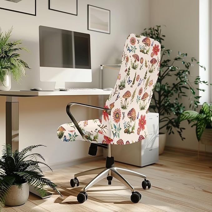 Talayituse Mushroom Butterfly Flower Leaves Print Office Chair Covers, Stretch Computer Chair Cover, Universal Boss Chair Covers Modern Simplism Style High Back Chair Slipcover, Large