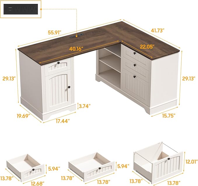 Farmhouse L Shaped Desk with Drawers, 56 Inch Executive Desk with File Drawer and Storage Cabinet, Wooden Corner Computer Desk with Power Strip for Home Office Work and Study, Rustic White and Walnut