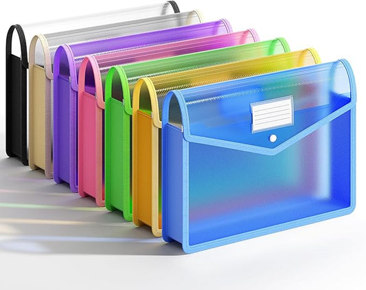 7 Pack Plastic Expanding File Folder, Transparent envelopes with Snap Closure,No Dividers,Large Capacity,Assorted Colors,Bills&Taxes,Letter/A4 Size for School/Office/Home