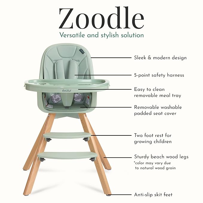 Evolur Zoodle 2-in-1 High Chair for Baby & Toddler – Convertible High Chair to Toddler Chair, Padded Seat, 5-Point Safety Harness, Dual Dishwasher-Safe Trays, Solid Beechwood Legs – Sage Green