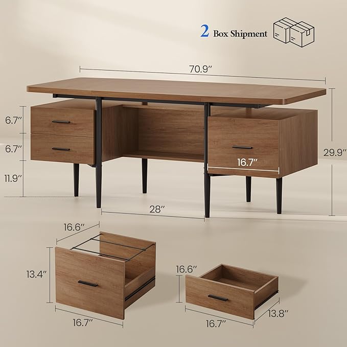 70.9" Modern Executive Desk, Wooden Computer Desk with 2 Drawers and File Drawer, Privacy Panel & Open Storage Shelf, Large Home Office Writing Desk, Brown