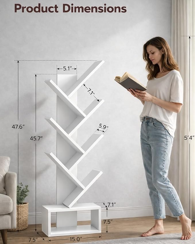XBurmo 6 Tier Tree Book Shelf - Small Bookshelf Decor, Corner Bookshelf, Living Room Storage, Tall Narrow DVD & CD Shelf Storage Bookshelves, Comic Bookcases Standing for Bedroom or Office, White