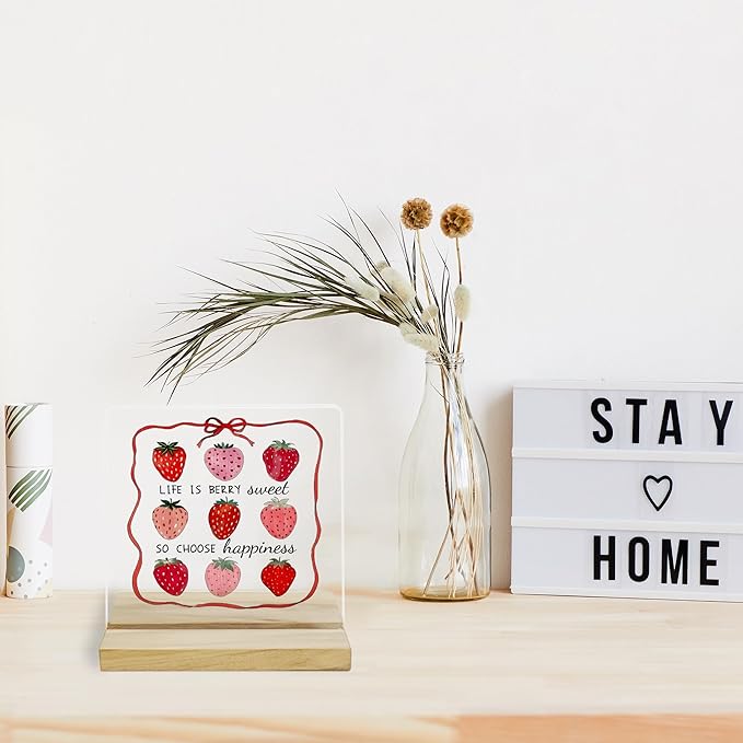 Coquette Strawberry Inspirational Decor Sign, Life is Berry Sweet Inspirational Acrylic Plaque