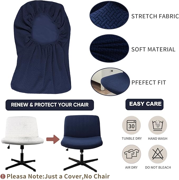 LavishCover Armless Chair Cover Office Desk Chair Cover, Waterproof and Elastic Criss Cross Chair Cover, Exquisite Vanity Chair Cover, Mid Back Wide Seat Accent Chair Covers(Nave-Blue,T-Type)