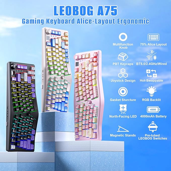 LEOBOG A75 Alice Keyboard, Tri-Mode Bluetooth/2.4G/USB-C Ergonomic Cute Creamy Keyboard with RGB Backlit Functional Knob Joystick, 75% Layout Hot-Swap Gasket Custom Keyboards for Win Mac PC Gamer-Blue