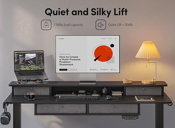 BANTI Height Adjustable Electric Standing Desk with 4 Drawers, 48 x 24 Inch Table with Storage Shelf, Sit Stand Desk, Black Top