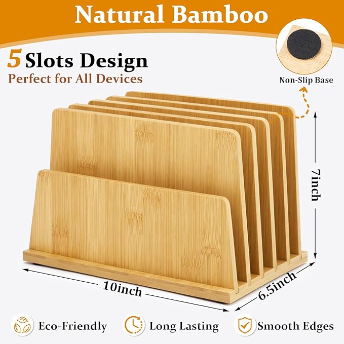 Unittype Bamboo Multi Device Organizer, 5 Slots Vertical Laptop Storage Rack, Computer Charging Station for Smartphones, Tablets and Laptops, Space Saving Organizer for Home Office