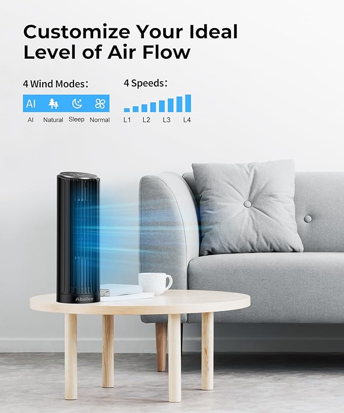 Abolee Tower Fan, 23ft/s Desk Fan with Remote, 70° Oscillating, Standing Table Fan with 4 Speeds, 4 Modes, 12Timer, 2026 New 13'' Bladeless Fan for Bedroom Office, Home