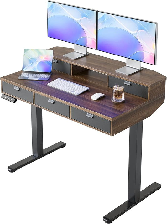 HUANUO 40 x 24 inch Electric Standing Desk with 4 Drawers, Adjustable Height Sit Stand Home Office Desk, C-Clamp Mount Compatible, Ergonomic Stand up Desk with 4 Preset Heights, Walnut