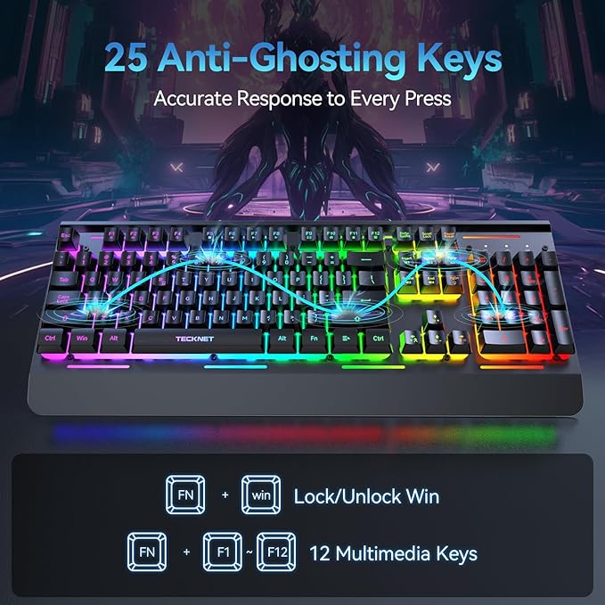 TECKNET Wireless Gaming Keyboard, 2-in-1 (2.4G Wireless & Wired) Computer Keyboard, 15-Zone RGB Keyboard, 4000mAh Rechargeable Battery, Metal Panel, PC Gaming Keyboards (Whisper Quiet Gaming Switch)