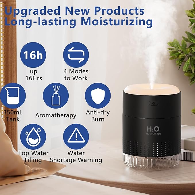 SZO Portable Mini Humidifier, 500ML USB Personal Cool Mist Humidifiers for Bedroom Office Travel Desk, Whisper Quiet 20dB with 2 Mist Modes & Auto Shut-Off, Small Desktop Humidifier（WSQ02 Black）